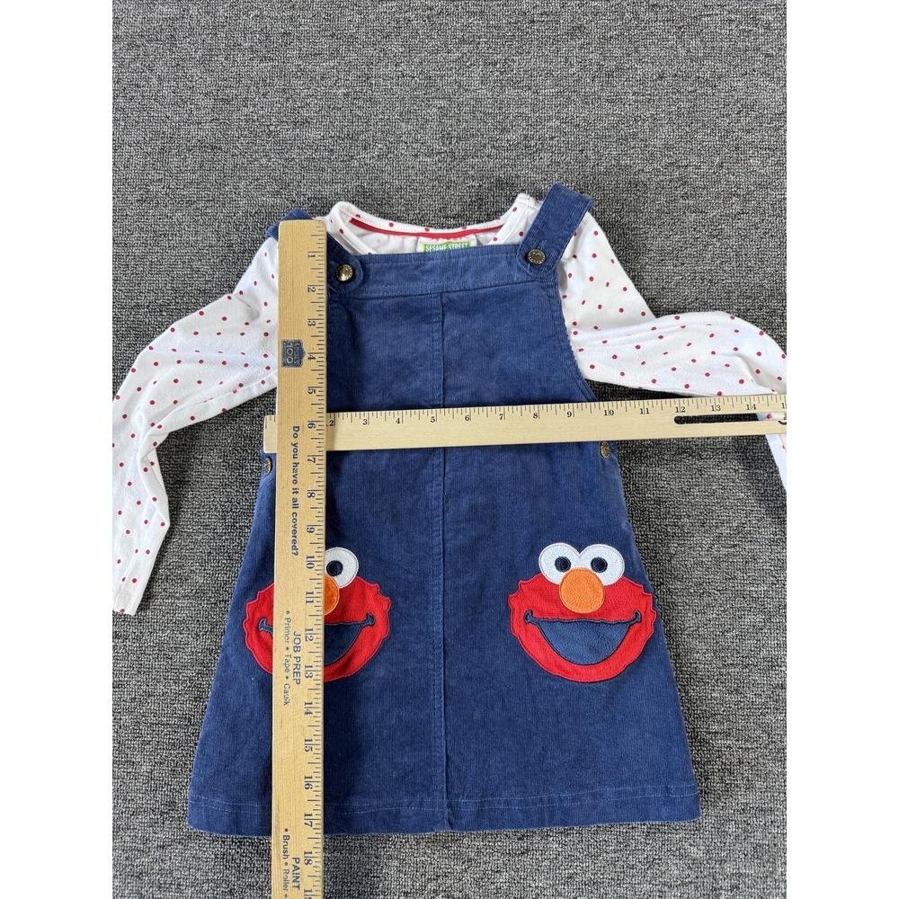 Vintage Sesame Street Dress Girls 3T Blue Elmo Corduroy Jumper Polka Dot Shirt - Picture 4 of 7